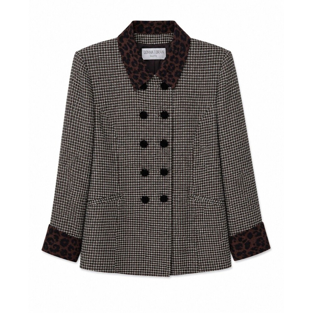Donna Toran Blazer Jacket Womens 14 Brown Houndstooth Leopard Collar Cuffs NWOT